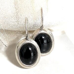 Sterling 925 Silver & Onyx Oval Vintage wire drop earrings